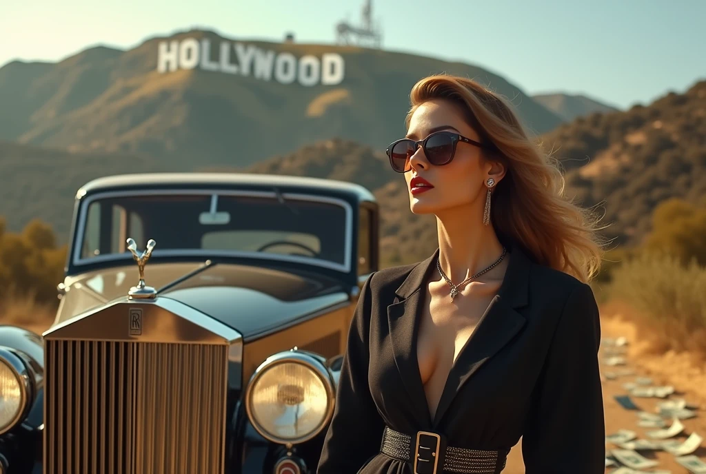 Woman at the Hollywood Sign: A stunning woman poses in front of the iconic Hollywood Sign, dressed in a chic outfit with designer sunglasses. She stands next to a vintage Rolls-Royce, with dollar bills scattered on the ground, reflecting her lavish lifestyle.