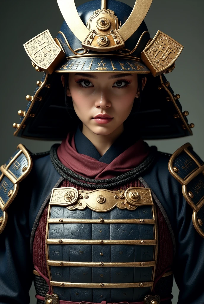 Create an ultra-realistic image of a female samurai from the waist up, focusing on a frontal view of the bust. The female samurai should be wearing traditional Japanese armor with intricate, textured details, including polished metal plates, leather, and silk. Her armor should feature shoulder guards, a chest plate, and visible chainmail. She should have an intense and determined expression, with her face clearly visible beneath her helmet (kabuto). The background should be neutral or subtly thematic to highlight the figure, with soft, dramatic lighting that emphasizes the details and textures of the armor. Ensure that the female samurai’s powerful and resolute presence is captured from the frontal perspective.