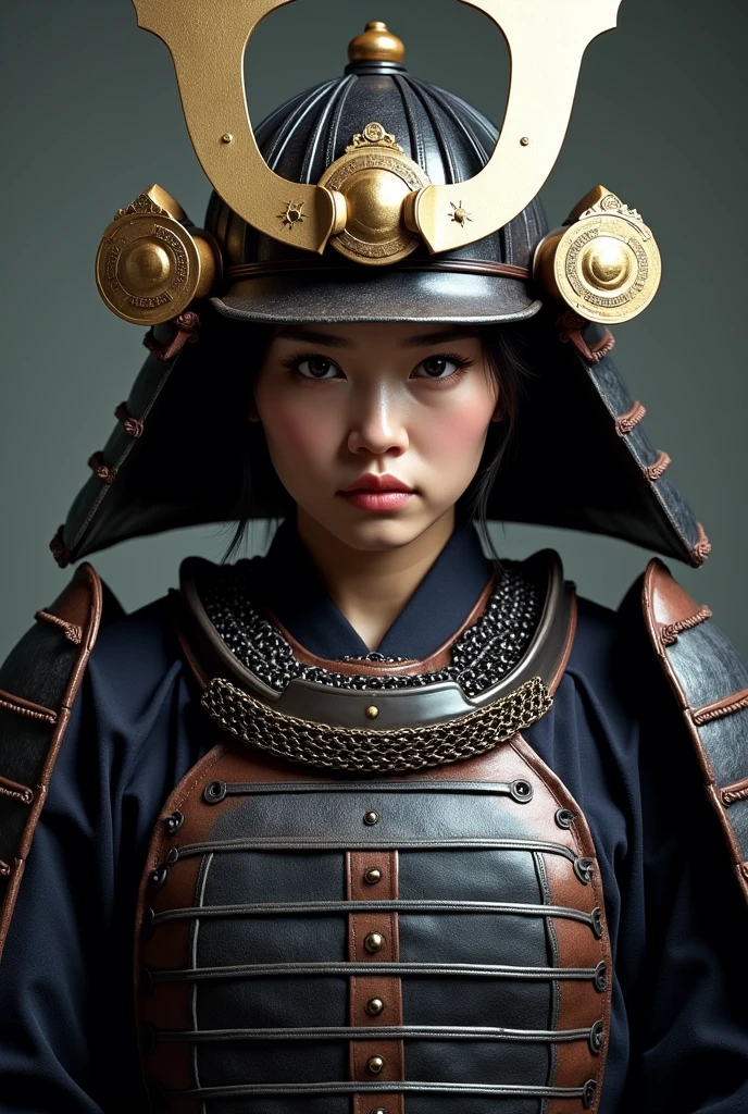 Create an ultra-realistic image of a female samurai from the waist up, focusing on a frontal view of the bust. The female samurai should be wearing traditional Japanese armor with intricate, textured details, including polished metal plates, leather, and silk. Her armor should feature shoulder guards, a chest plate, and visible chainmail. She should have an intense and determined expression, with her face clearly visible beneath her helmet (kabuto). The background should be neutral or subtly thematic to highlight the figure, with soft, dramatic lighting that emphasizes the details and textures of the armor. Ensure that the female samurai’s powerful and resolute presence is captured from the frontal perspective.