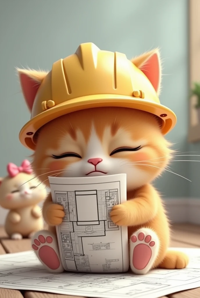 make a generate an animated tiktok format kitten that is extremely depressed and exhausted because he studies architecture. HE HAS TO BE SAD AND IT SHOULD BE NOTICED THAT HE IS A DEPRESSED ARCHITECT, with an architect's helmet and some plans that is a kitten and SAD SAD IS DEPRESSED AND EXHAUSTED that is a flirtatious female and MORE SADD, with a flirtatious pink bow AND DEPRESSED