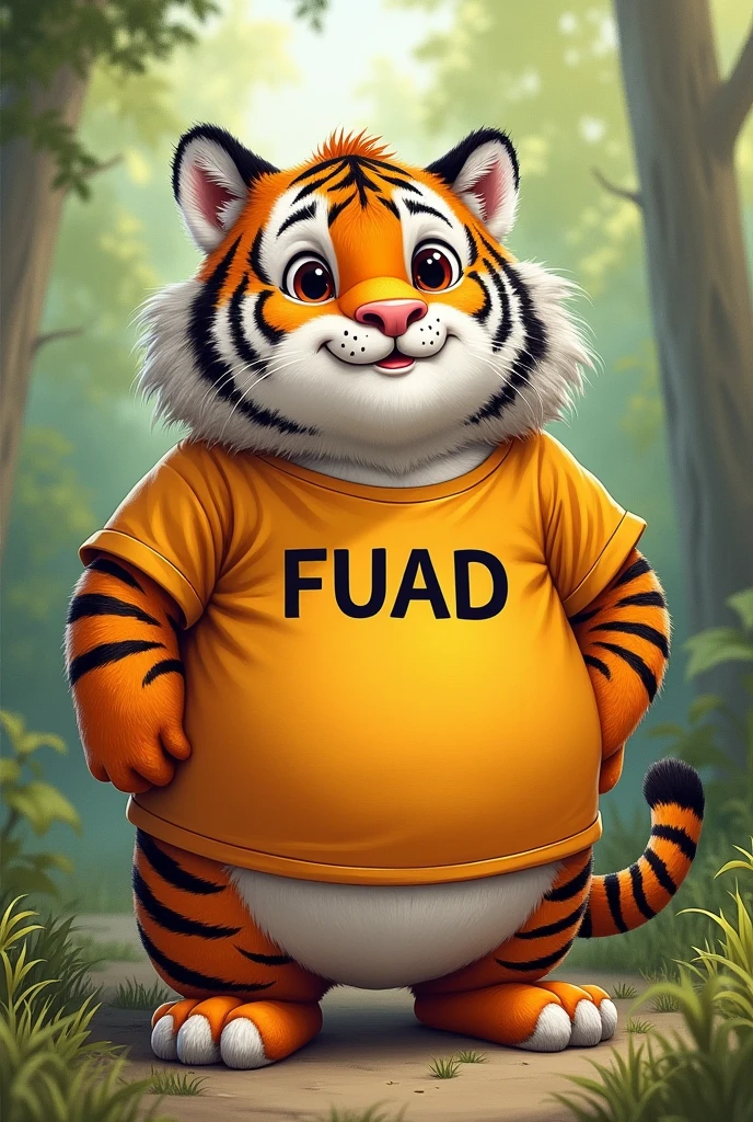 Chubby tiger with a t-shirt that says FUAD in capital letters (realistic drawing)