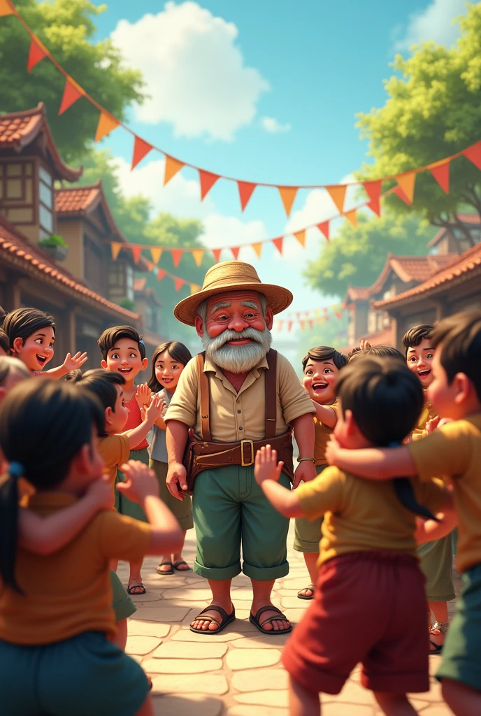 Everyone hugging old farmer and happy for villagers getharing hugging his older male friends and doing party cartoon 
