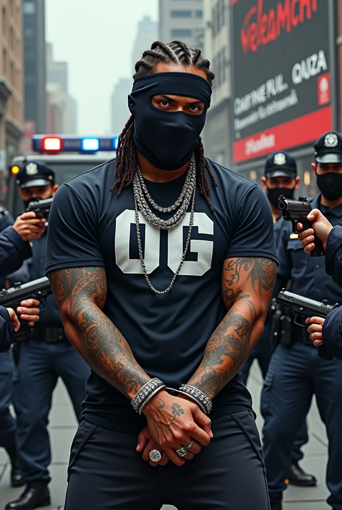 a gangster boy, arrested on the middle roads, cops vehicle behind him, wearing ski mask, handcuffs on hand, police around him, OG written on his tshirt, body full of tattoos, braid hairs, MELAMCHI written on the big billboard display, peoples looking at him getting arrested, ice chains around neck, diamonds bracelets and watch on hand, realistic, street vibe, surrounded by cops pointing gun on him,