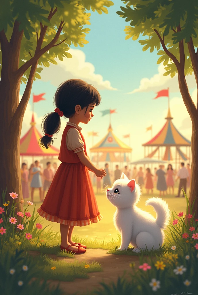 A girl named Mary lived in a village. Mary was very quiet and shy, but she had a lot of love and compassion in her heart. The most valuable asset in her world was her pet cat "Chandni" تھا۔Chandni برف جیسی سفید اور بہت پیاری بلی تھی۔ وہ اکثر مریم کے ساتھ باغ میں کھیلتی، درختوں پر چڑھتی اور رنگ برنگے پھولوں کے درمیان دوڑتی۔ مریم کے لیے Chandni صرف ایک بلی نہیں، بلکہ اس کی سب سے اچھی دوست تھی۔ وہ اپنی ہر بات Chandni سے کہتی اور Chandni اسے پیار سے دیکھتی۔ایک دن، گاؤں میں ایک میلہ لگا۔ مریم بہت خوش تھی کہ وہ Chandni کو بھی اپنے ساتھ میلے میں لے جائے گی۔ اس نے Chandni کو ایک خوبصورت سا ربن باندھا اور دونوں میلے کی طرف چل پڑے۔ میلے میں ہر طرف رونق تھی، رنگ برنگی چیزیں، جھولے اور خوشبوؤں کا ماحول۔ مریم اور Chandni نے میلے میں بہت مزہ کیا، لیکن جیسے ہی شام ہونے لگی، میلہ اور بھی بھرا ہوا ہو گیا۔اچانک بھیڑ میں مریم اور Chandni ایک دوسرے سے بچھڑ گئے۔ مریم کو بہت ڈر لگا، وہ ادھر ادھر Chandni کو ڈھونڈنے لگی، مگر Chandni کہیں بھی نظر نہیں آئی۔ اس کی آنکھوں میں آنسو آگئے اور وہ بہت پریشان ہو گئی۔دوسری طرف، Chandni بھی مریم کو ڈھونڈتے ہوئے تھک گئی تھی۔ وہ بھی خوفزدہ ہو کر ایک طرف بیٹھ گئی اور اپنے ربن کو اپنے پنجوں میں دبا لیا۔میلے کے ختم ہونے کے بعد، مریم افسردہ گھر واپس آئی۔ وہ ساری رات Chandni کے بغیر سو نہ سکی۔ اگلی صبح، مریم نے پھر Chandni کو ڈھونڈنے کی ٹھانی اور وہ اسی جگہ گئی جہاں وہ دونوں میلے میں ایک دوسرے سے بچھڑے تھے۔مریم کو اچانک ایک بچے کی آواز سنائی دی، جو کہہ رہا تھا، "Mom, look at this cute cat!" مریم نے فوراً اس طرف دیکھا اور Chandni کو دیکھا۔ اس کی خوشی کا کوئی ٹھکانہ نہ رہا۔ وہ جلدی سے Chandni کی طرف دوڑی اور اسے گود میں اٹھا لیا۔Chandni بھی مریم کو دیکھ کر بہت خوش ہوئی اور اس کے گال پر اپنا نرم سا پنجہ رکھ دیا۔ مریم نے Chandni کو گلے لگا لیا اور اپنے دل میں عہد کیا کہ وہ Chandni کو کبھی بھی اپنے سے دور نہیں جانے دے گی۔اس دن کے بعد، مریم اور Chandni ایک دوسرے کے ساتھ اور بھی زیادہ جڑ گئے۔ ان کا رشتہ اور مضبوط ہو گیا اور وہ دونوں ایک دوسرے کے بغیر کبھی بھی نہ رہتے۔یوں مریم اور Chandni کی دوستی ہمیشہ قائم رہی اور وہ دونوں خوشی خوشی ایک دوسرے کے ساتھ زندگی گزارنے لگے۔