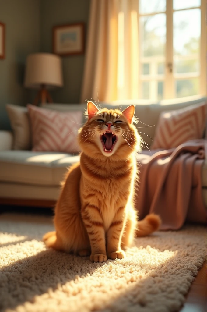 Opening shot of a cozy living room bathed in warm morning light.
- Introduce Ginger Whiskers, a fluffy ginger cat, stretching and yawning comically large.