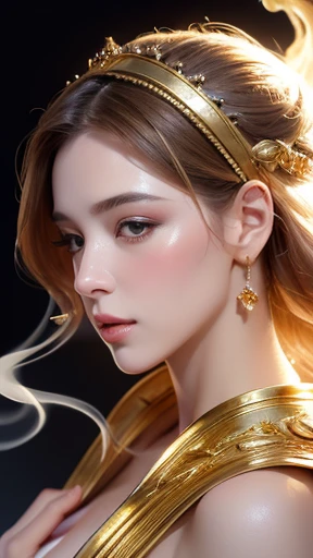 a digital portrait painting of a beautiful Greek goddess in white robe dress and smoke gold floats around, a hyperrealistic painting, figurative art, in gold paint, gold smoke, character is floats around in smoke, fantasy art ,elegance pose, medium closeup shot, lighting clear and soft effect , white background
