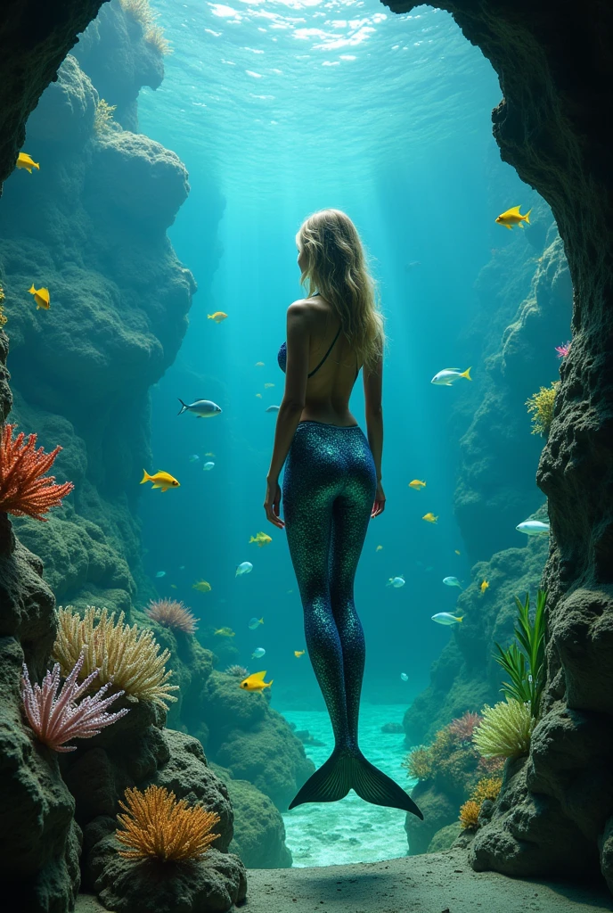 High quality, high resolution, photo taken from outside the glass of the aquarium. There is a mermaid in a large aquarium. The mermaid is very beautiful and charming, she looks like a young and beautiful European woman with a fish tail. She has very fantastic and vivid primary colors. There are various fish, colorful corals and aquatic plants in the aquarium. This photo symbolizes her life in the ocean and she is fascinated by everything she sees.