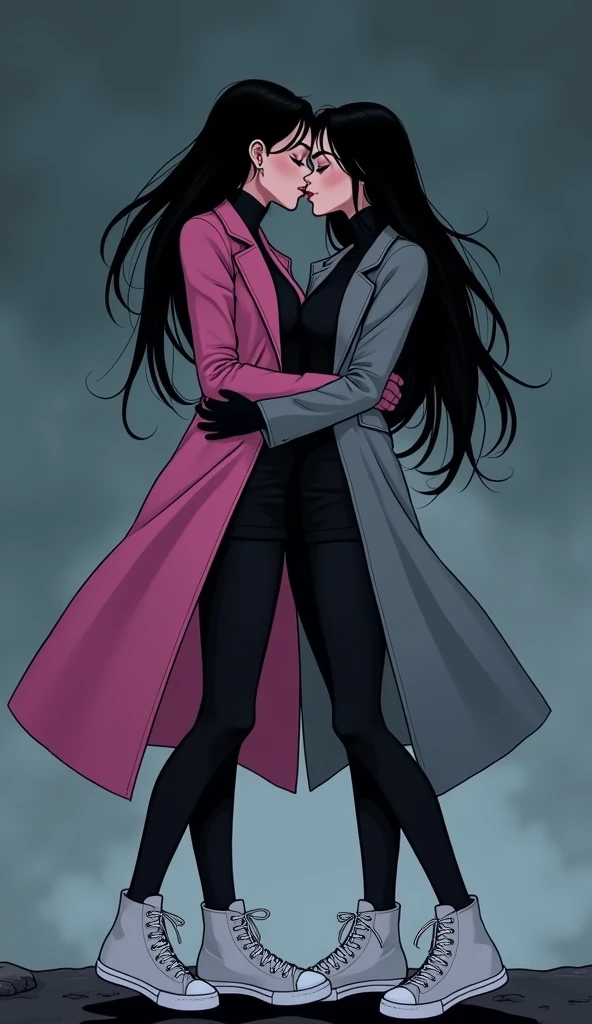 Two young womens, long black hairs, yuri, Vampire Hunters, Lesbian
The first young women black eyes wear a pink long coat, black shirt, black pencil skirt, black underpants, black tights, black gloves, white socks, white sneakers high top.
The second young women black eyes wore a grey long coat, black shirt, black pencil skirt, black underpants, black tights, black gloves, white socks, white sneakers high top.
hugging, kissing, closed eyes, black grey sky, night sky, cartoon novel, 4K, HD