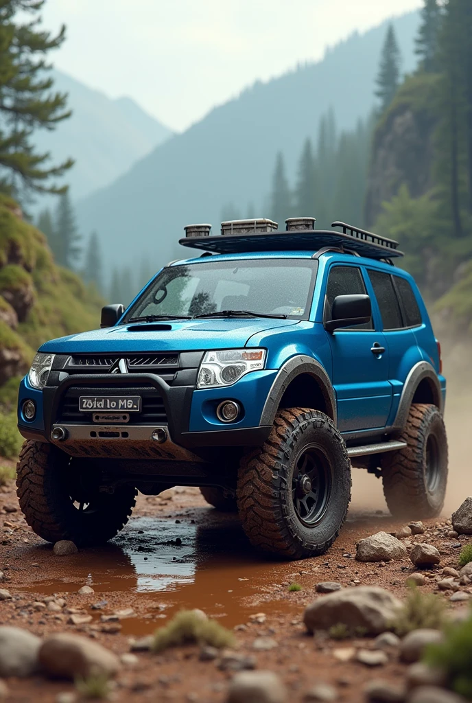  blue misubishi montero with all terrain tires 
