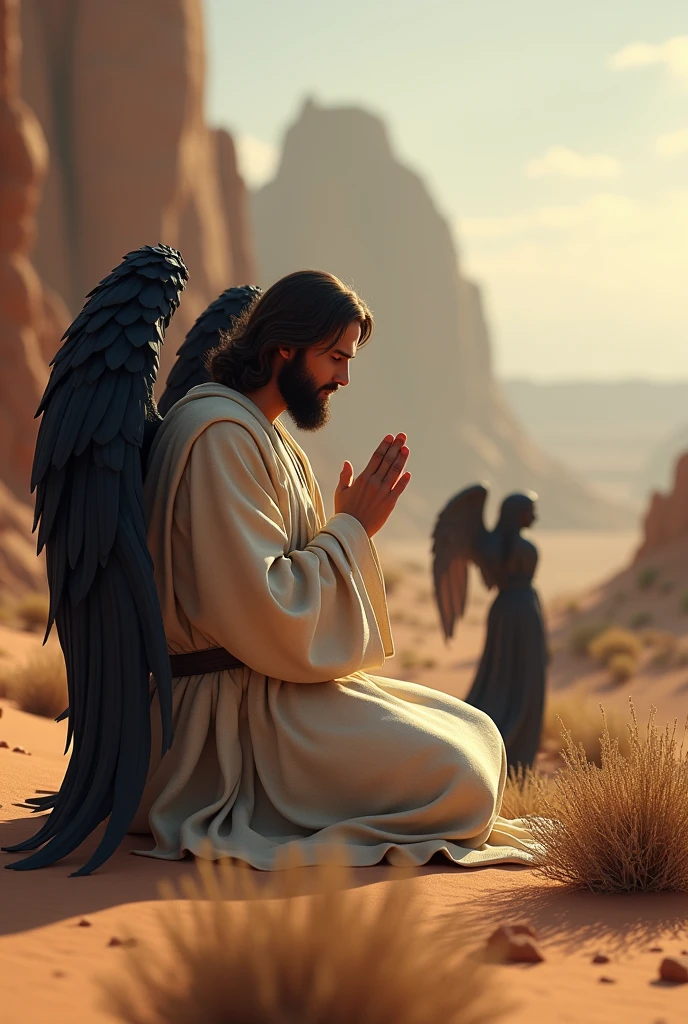 (photorealism:1.2), (8) Jesus praying in the desert near a black angel (photo realism)