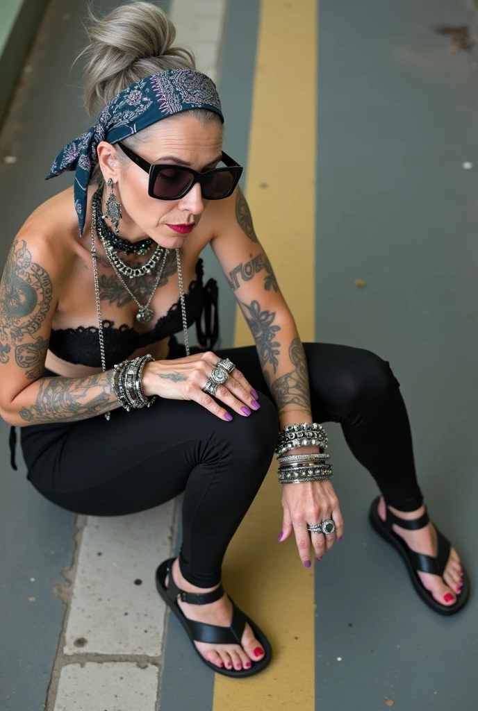 russian old milf woman,  grey hair (bouffant, top bun) and oversized square sunglasses and wide  colourful bandana as headband, with very light green eyes, extremely pale. Big lips.  Black lace push up bra, silicone breast,, black yoga pants Flip flops. Lots of thick wide studded bracelets, chain collars and big rings,. Additional crossed loose belts,. Long earrings with chains and feathers. Sitting on the underground with legs apart. Neck, chest, stomach and wrists heavily tattoed. Toned abdominals, thin neck, slim legs and thin arms. Narrow hips and long legs. Exhausted, sleeping with mouth open and tilted face.. Seen from above