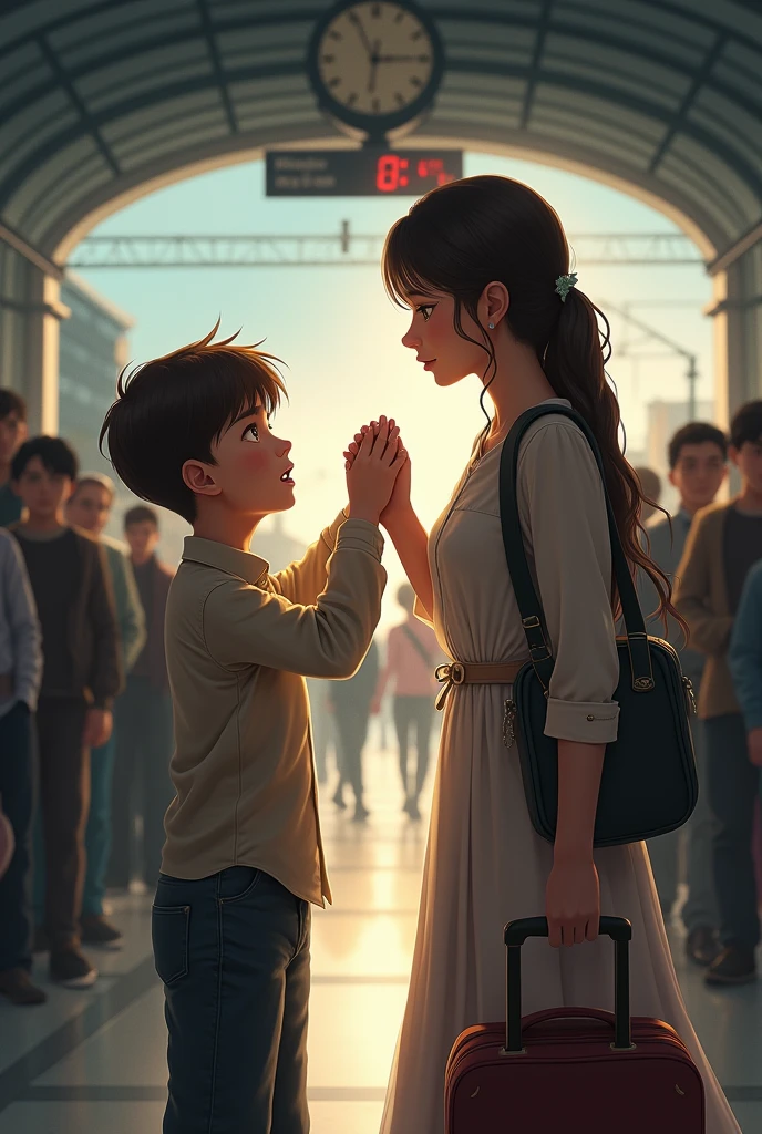A boy saying goodbye to a girl going far away