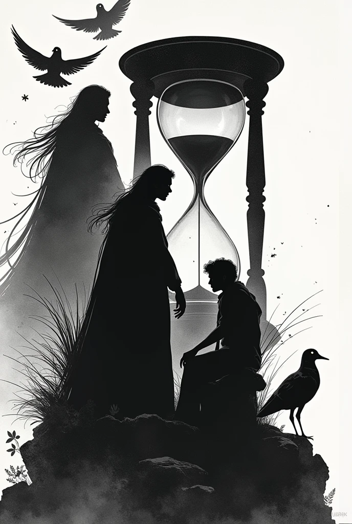 Drawing that represents Chronicles of a Death Foretold in black and white and that shows the doves and the hourglass and the death of Santiago Nasar and the love of Angela Vicario and Bayardo San Roman(only the outline of the drawing)
Outline of the drawing