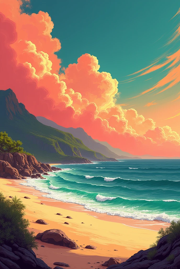 I want a beach landscape overlooking a vast sea, and the sky in the afternoon is a little dark with orange colors, red and yellow with pink clouds, helluva boss style, drawn style