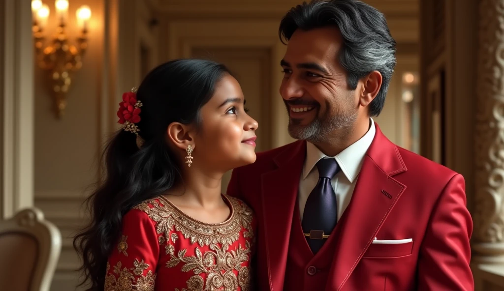 A very big businessman of India who is wearing a red 3 piece suit, he is 50 years old, his hair is black and hair is slightly white, with him he has a daughter whose name is Shreya, she is She is 2, she is very beautiful and she is wearing a western dress and she is standing with her hand on the shoulder of that businessman in a very big luxurious house