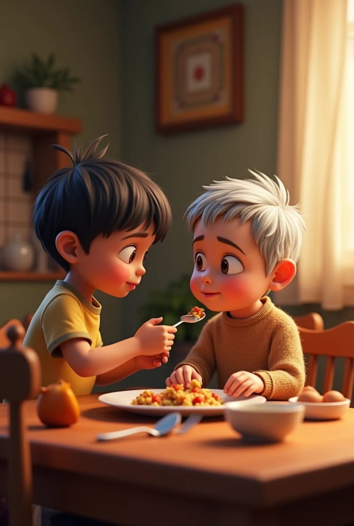 Voici un prompt détaillé que vous pouvez utiliser pour générer une image 3D d'un enfant de 5 ans aidant un vieillard à s'alimenter :
"Create a 3D scene of a compassionate moment where a child is gently helping an elderly man eat. The elderly man is seated, appearing frail but grateful, while the child, with a look of care and concentration, holds a spoon or fork. The environment is warm and homely, perhaps in a cozy kitchen or living room with soft lighting. The characters should have realistic, expressive features, emphasizing the tenderness of the moment."
Utilisez ce prompt pour obtenir une image qui capture bien cette scène.