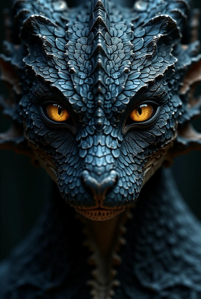 Human face with black dragon scales, black background, gold eyes