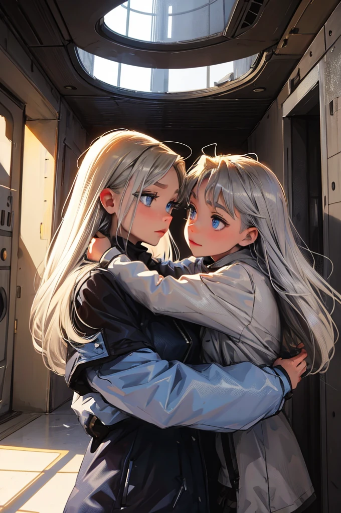 futuristic, inside a bunker, two females hug, the taller one is a female with silver hair and silver eyes, the  one (childa female child withde hair and blue eyes.