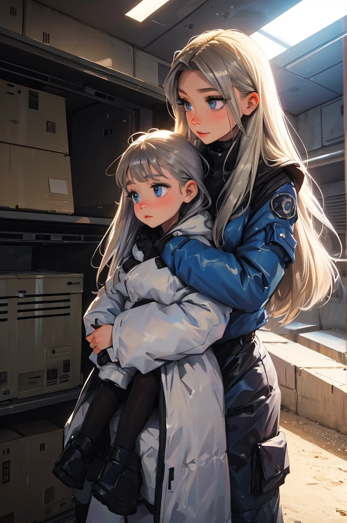 futuristic, inside a bunker, two females hug, the taller one is a female with silver hair and silver eyes, the  one (childa female child withde hair and blue eyes.