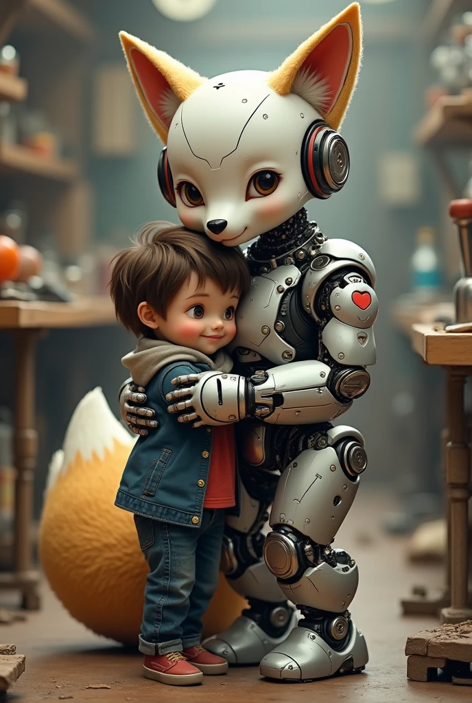 create a more human-looking robot character under construction with fox ears and tail hugging a person younger than her