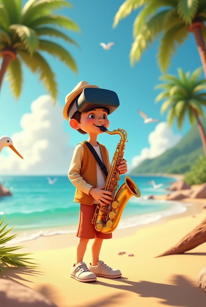 Virtual reality young musician playing alto saxophone on the beach with a happy expression.