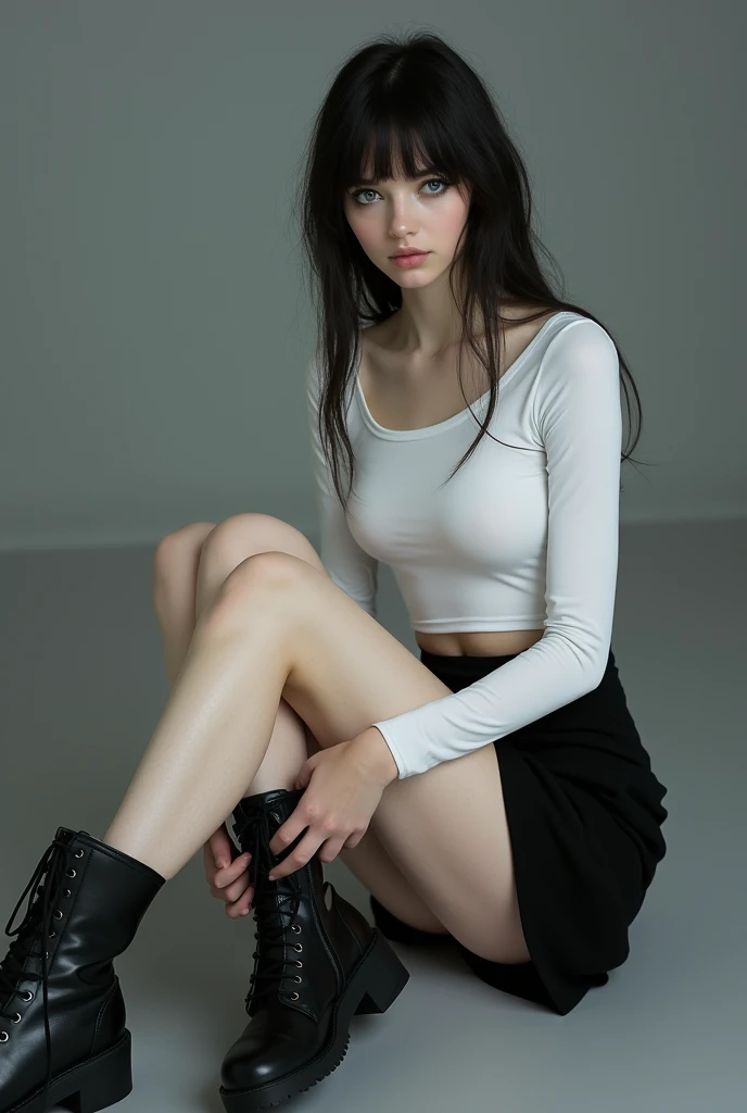 A (((full-body))) picture of an ethereally beautiful 1 girl. She has youthful caucasian features and ((very pale white skin)). Her eyes are a striking blue, and she is wearing ((heavy black eye makeup)). She has a very slim body with long thin legs and large round breasts. She is wearing a tight white crop top, a very short black miniskirt, and black boots. She is sitting in a provocative pose that shows off her legs, and her (((whole body from head to toe))) is shown in the photo.