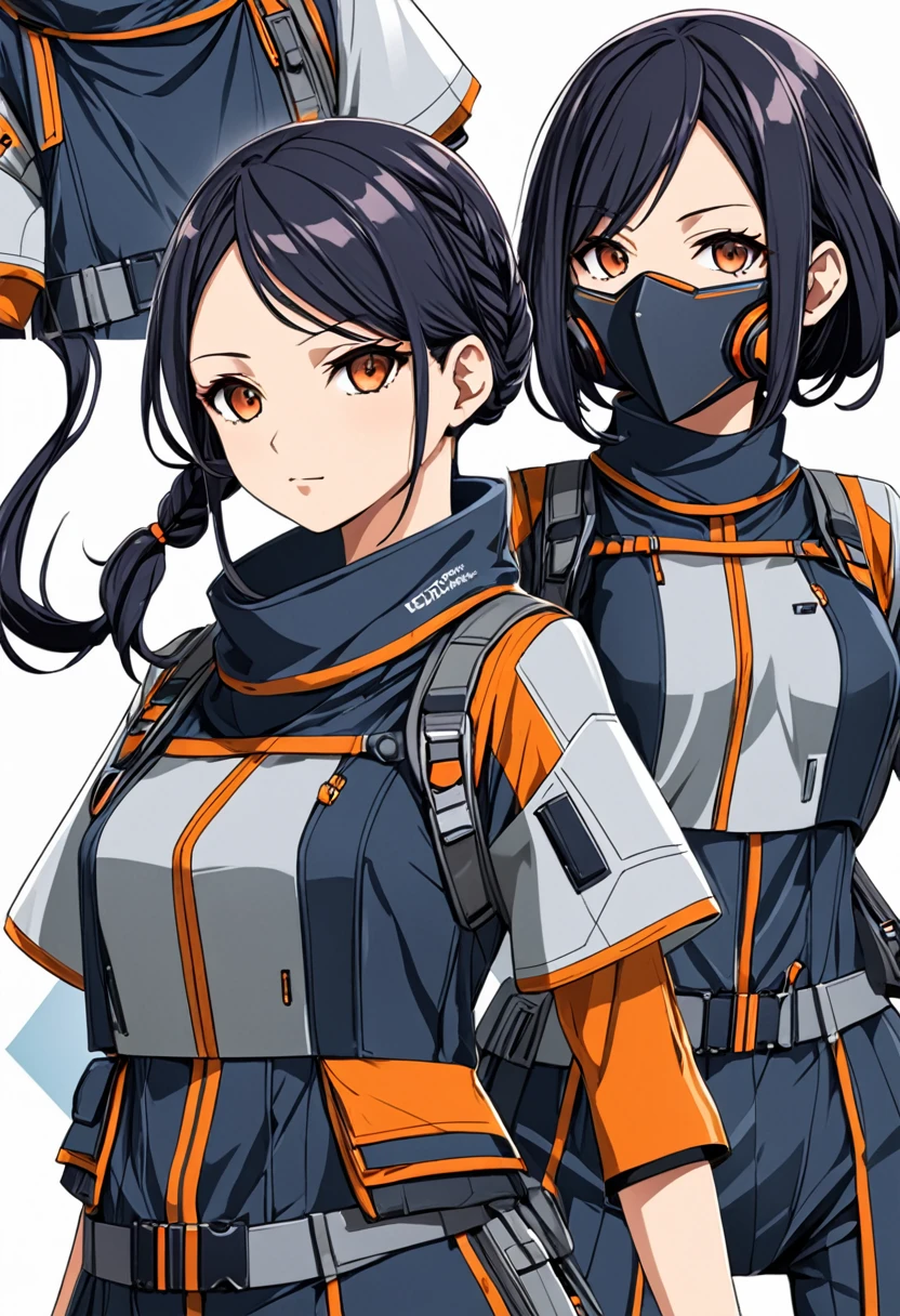 I want you to give me design description for unique and original anime character appearance do it in one sentence with a lot of details I want you just to focus only on her appearances add more details in your description of the clothes and hair style and try to make the clothes practical and simple, avoid sci fi and modern tech on the design.