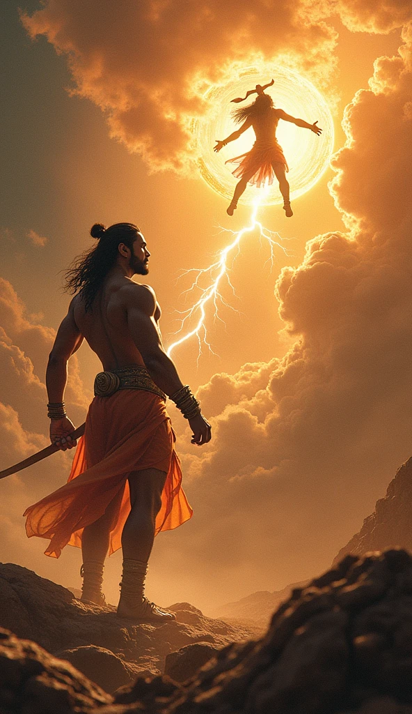 Indra's Attack with the Vajra**:
- Visualize a scene where Hanuman is close to the sun, with an intense look of determination on his face. Indra, the king of gods, appears in the sky, wielding his powerful weapon, the Vajra. As Indra releases the Vajra towards Hanuman, there is a flash of lightning and a sense of impending impact. Hanuman is struck, his body recoiling from the force, and he begins to fall unconscious towards the earth.