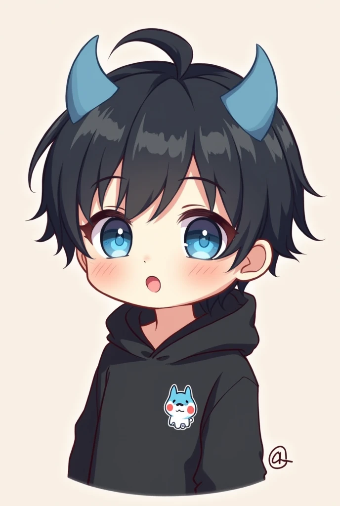 Cute Chibi Boy black hair blue eyes two blue horns with black hoodie Sticker