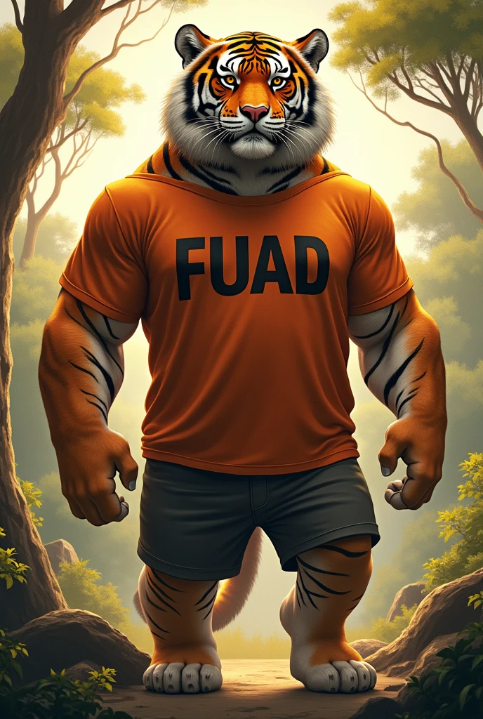 Tall, fat tiger with a t-shirt that says FUAD in capital letters (realistic drawing)