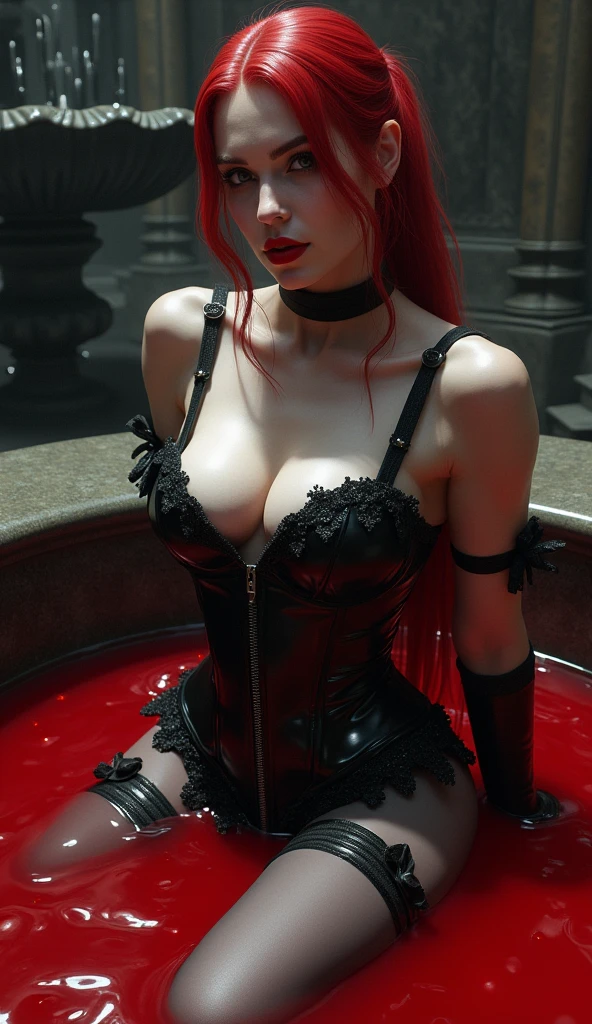 vampire queen submerged in pool of blood, gothic fountain, wearing sexy corset, stockings and garterbelt, cleavage,  hourglass figure,  red lips,  ((long ponytail)), ((red hair))