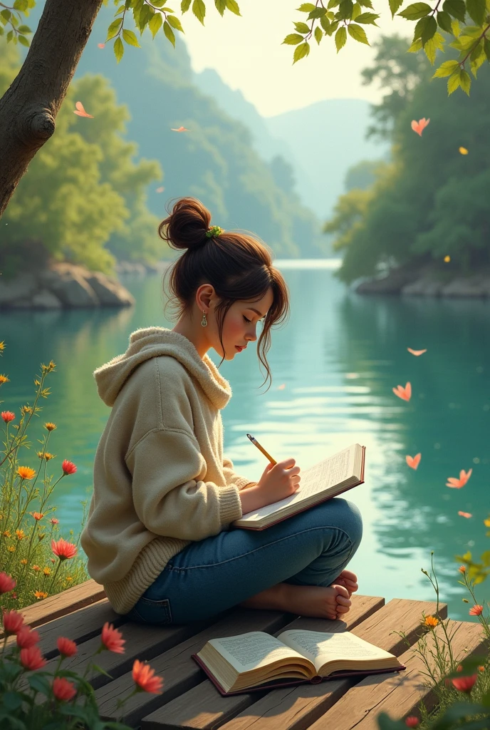 Generate a lofi image of a girl taking notes and studying in a lake with flowers and a magical background free copyright