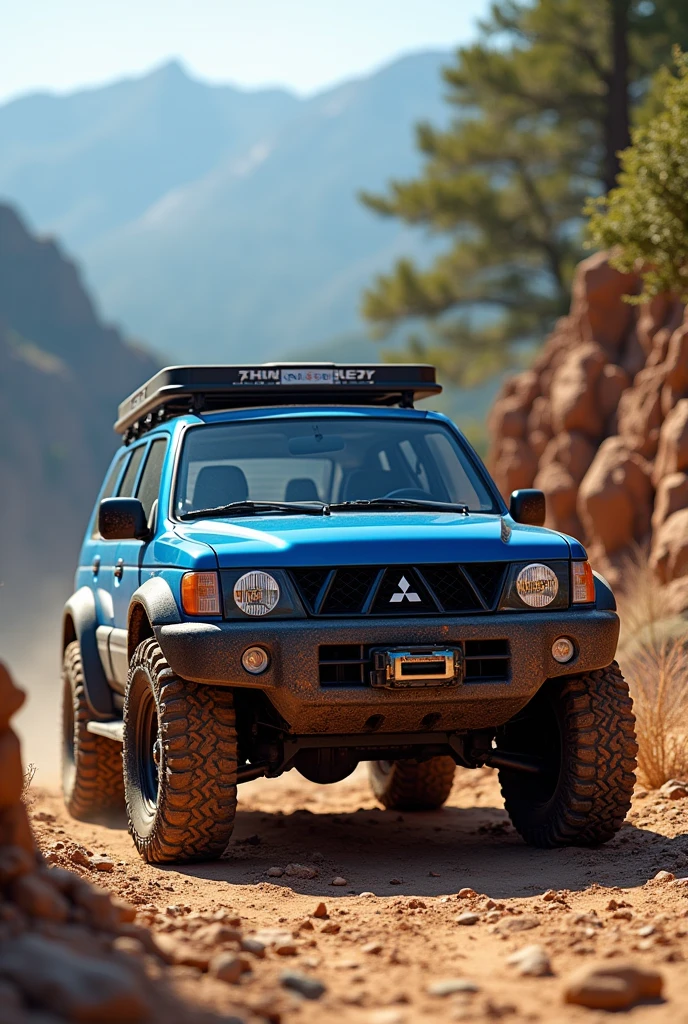 blue misubishi montero with all terrain tires