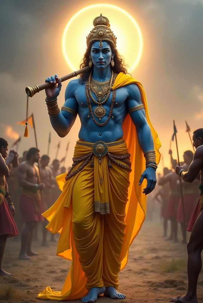 A majestic figure of a deity, depicted with a blue complexion, stands confidently in the center. Adorned in vibrant yellow drapery, he holds a flute in one hand, while the other is gracefully positioned by his side. His ornate crown and intricate jewelry add to his divine presence. A soft, glowing halo surrounds his head, illuminating the scene. In the background, indistinct figures appear engaged in a battle, adding to the dramatic and powerful atmosphere of the image.