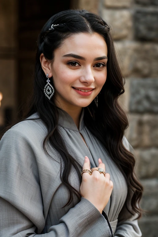Layde stark game of thrones beautiful face, long straight wavy black hair gray eyes wearing a modest gray dress wearing rings on her fingers and earrings and smiling