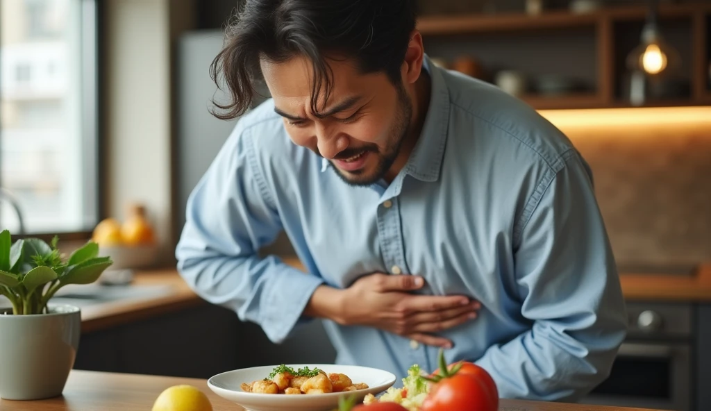 Highest quality、Overeating、A Japanese man clutching his stomach in pain