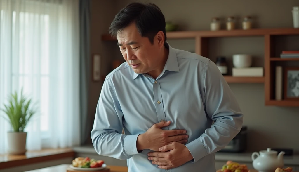 Highest quality、Overeating、A Japanese man clutching his stomach in pain