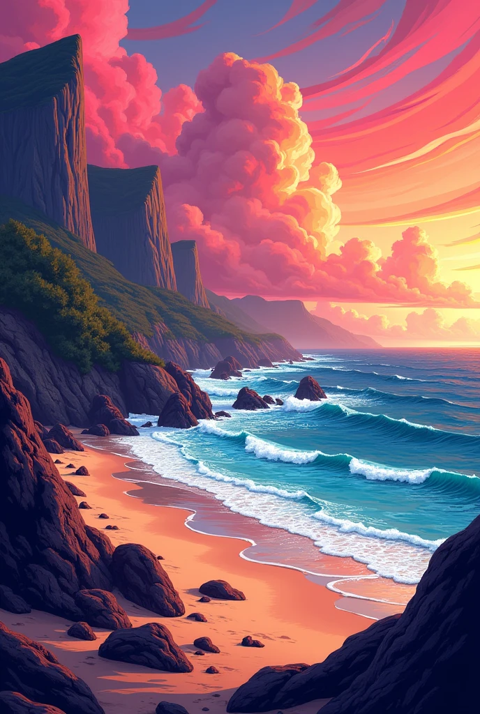 
I want a beach landscape overlooking a vast sea, and the sky in the afternoon is a little dark with orange colors, red and yellow with pink clouds, estilo helluva boss e hazbin hotel, drawn style, cartoon
