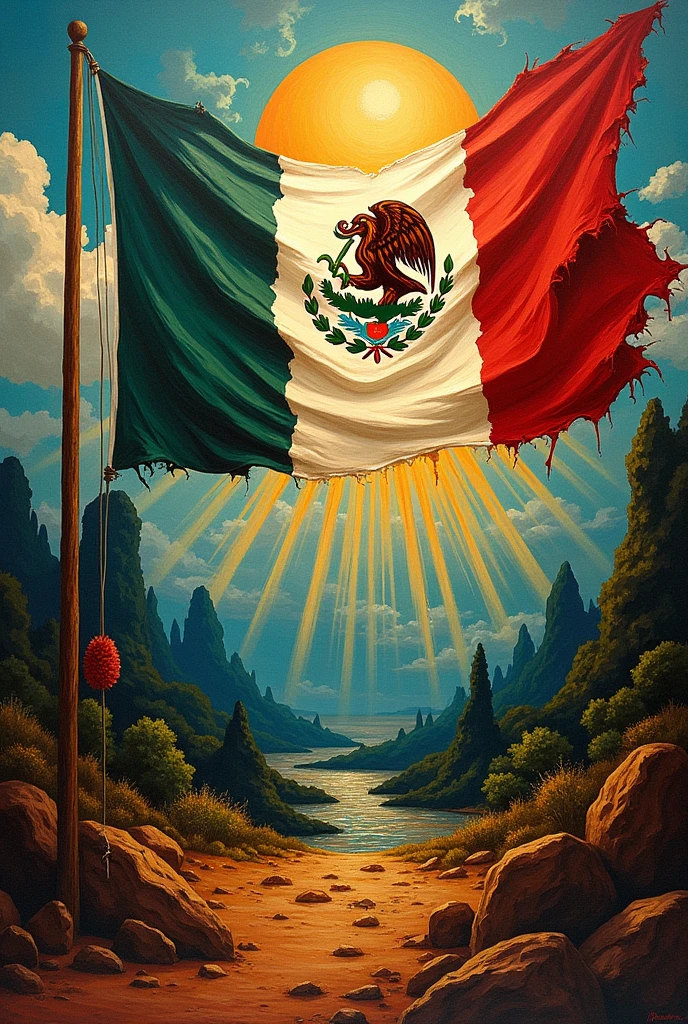An abstract composition with a torn Mexican flag, letting out rays of light that represent freedom. Behind the flag, A Mexican landscape with vibrant colors and natural elements like the sun, the moon and the stars. style: Abstract modern art.