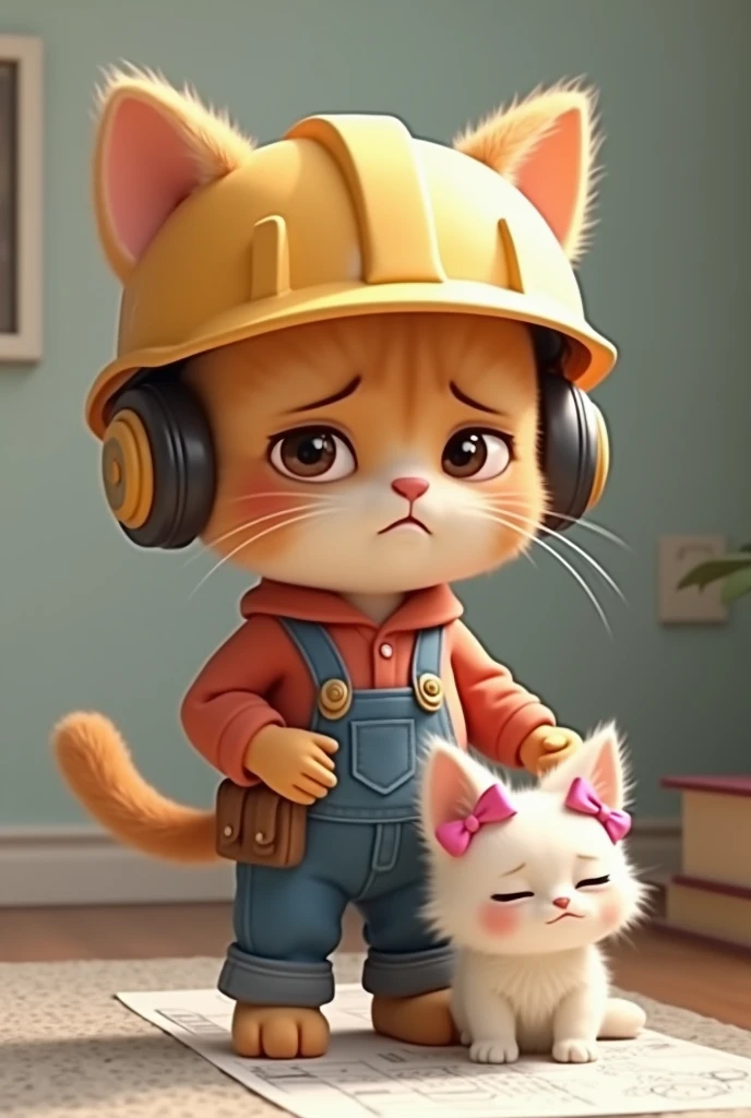 make a generate an animated tiktok format kitten that is extremely depressed and exhausted because he studies architecture. HE HAS TO BE SAD AND IT SHOULD BE NOTICED THAT HE IS A DEPRESSED ARCHITECT, with an architect's helmet and some plans that is a kitten and SAD SAD IS DEPRESSED AND EXHAUSTED that is a flirtatious female and MORE SADD, with a pink bow flirt And DEPRESSED extremely depressed and tired