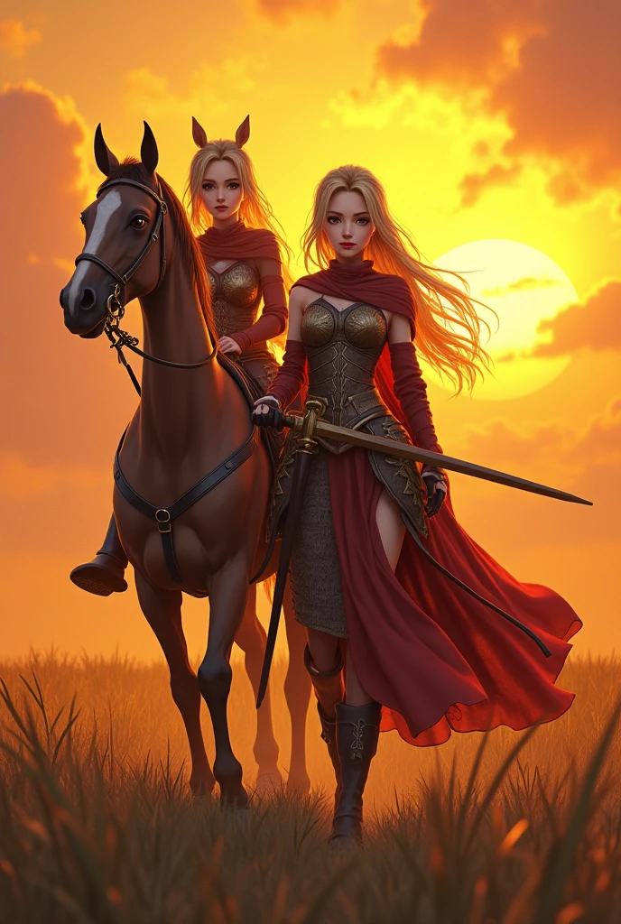 A highly detailed 2D anime style illustration, 2 warrior women walking behind a horse in a large yellow sunset landscape, beautiful detailed eyes, beautiful detailed lips, extremely detailed faces, long eyelashes, intricate armor, detailed fabric textures, dramatic lighting, vibrant colors, dynamic composition, (best quality,4k,8k,highres,masterpiece:1.2),ultra-detailed,(realistic,photorealistic,photo-realistic:1.37),professional, cinematic