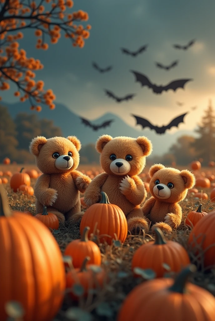 Create a steamless design with teddy bears that have big, googly eyes.The teddy bears are on a pumpkin field.Bats fly in the background
