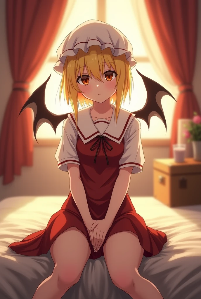 Oriental Project, Flandre Scarlet sitting on bed in JK uniform, hands crossed at waist, light yellow hair, warm lighting, blurred foreground, cute, , anime, 4k, with demon wings, shower cap, masterpiece, upper body