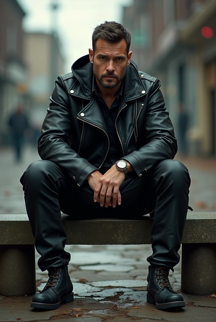 Man wearing leather pants sitting on a bench