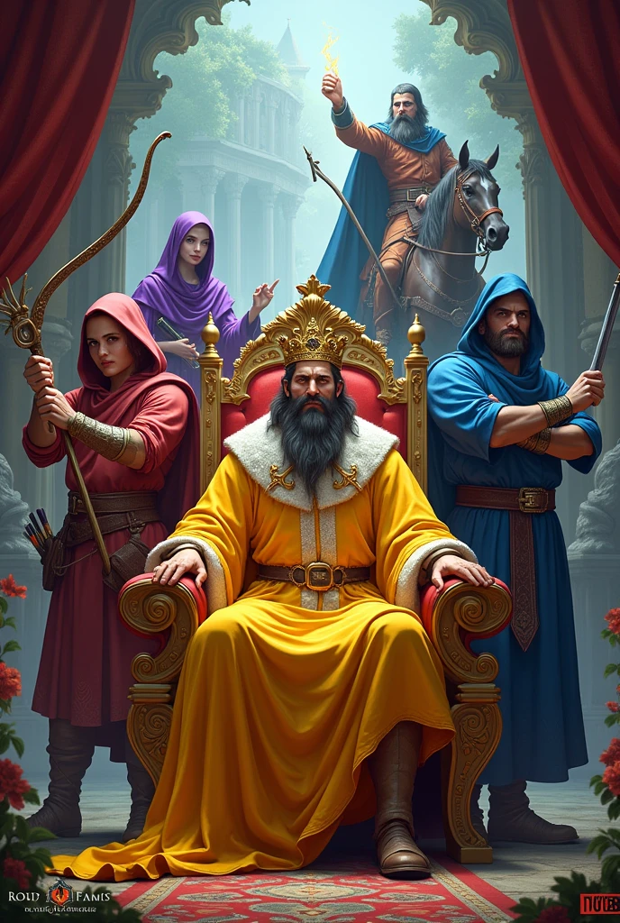 Create a pattern for a game box, with a yellow king on the throne, an archer in red, a witch in purple and next to her a man in blue on a horse
