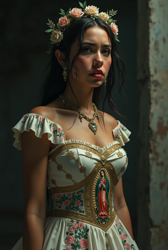 chicana Chola crying in a virgencita wedding dress
