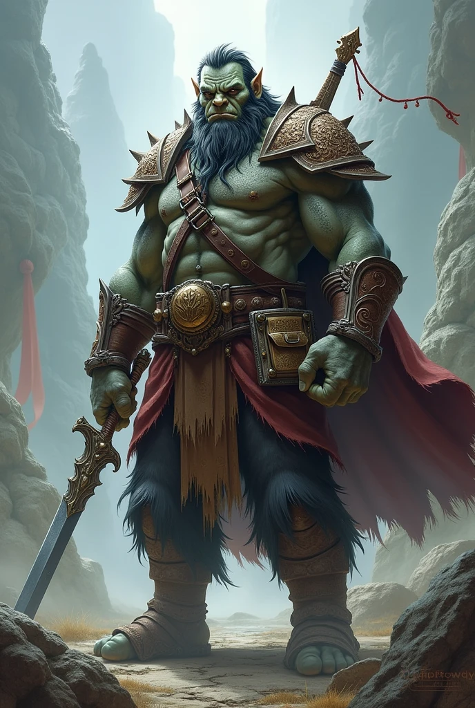 A tall, strong, and stylishly haired Gray Orc Bard with a guitar on his back and a longsword in his hand.
