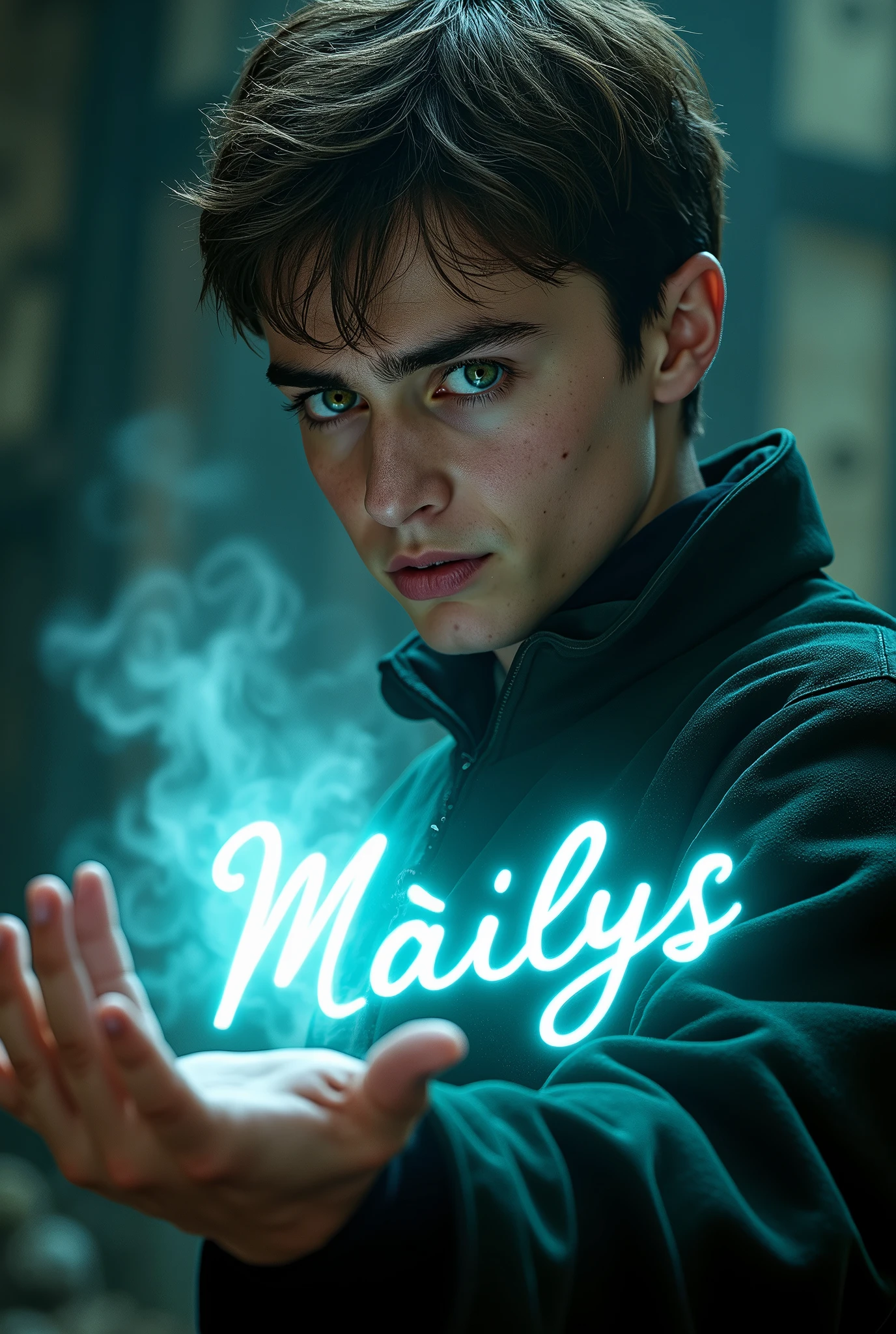 Photo ultra realiste de Harry potter : On voit bien le visage de Harry Potter lancer un patronus bleu qui est un visage feminin.
Harry Potter écrit "Maïlys" en cursive avec sa baguette. L'écriture est lumineuse.