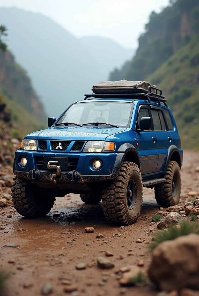 blue misubishi montero with all terrain tires