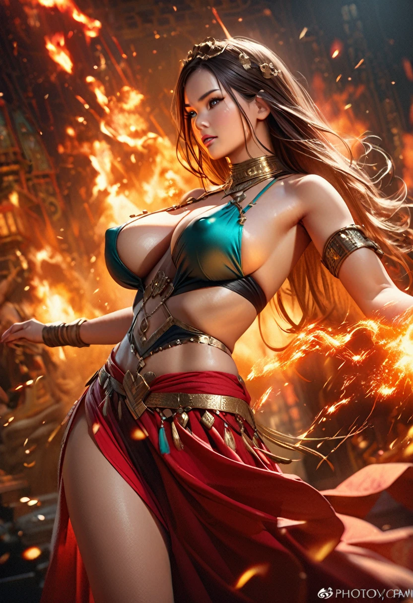 {best quality,4K,8k,highres,masterpiece:1.2),ultra-detailed,(realistic,photorealistic,photo-realistic、looking at the camera}、{Chinese、Dancer、Very large breasts、Covered nipples、extremely detailed eyes and face}、Flaming background、(Has a fire element、There are sparks、arms)、vibrant colors、Thigh